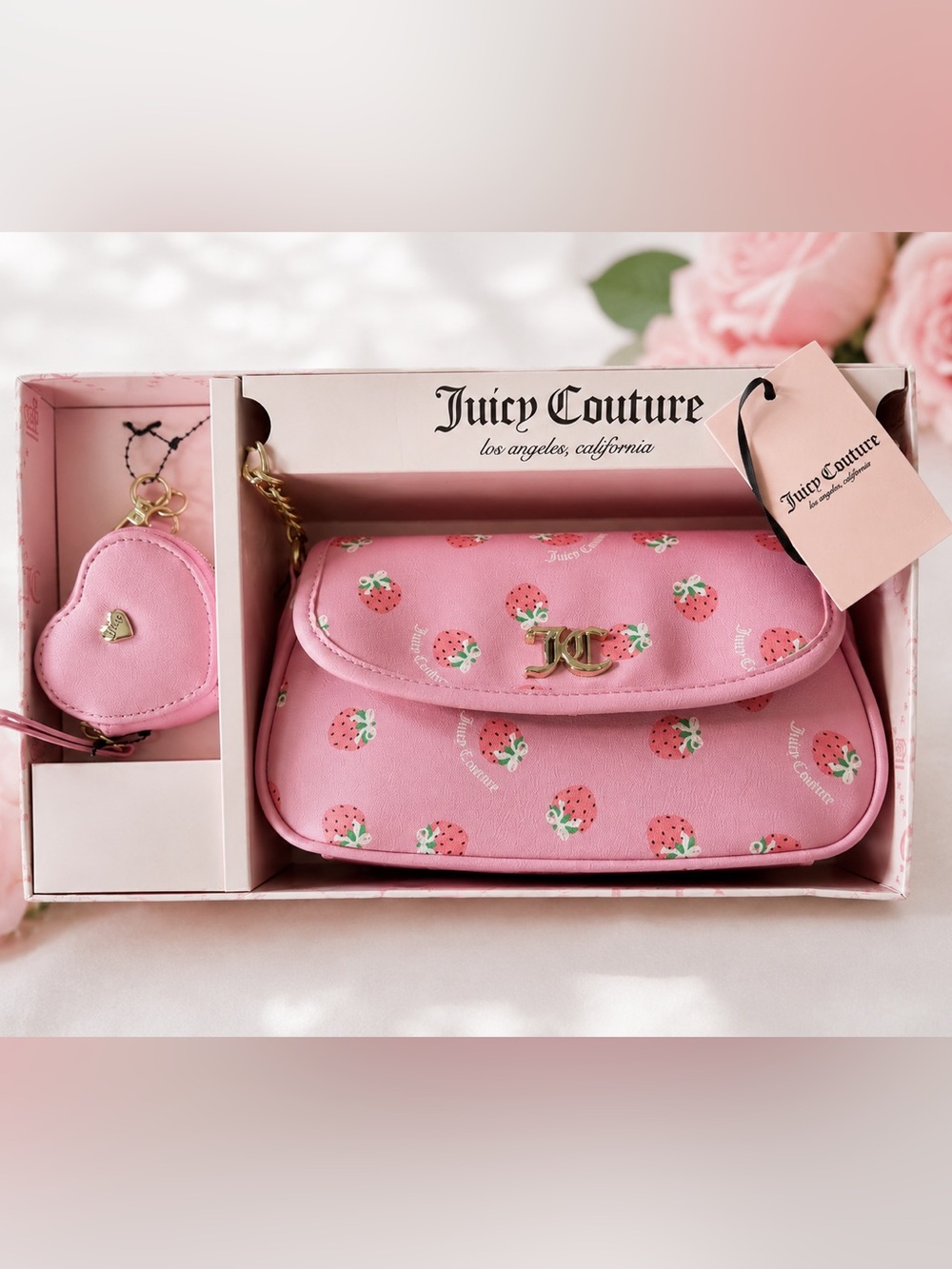 Juicy Couture Pink Strawberry Print Crossbody Bag with Gold JC Logo